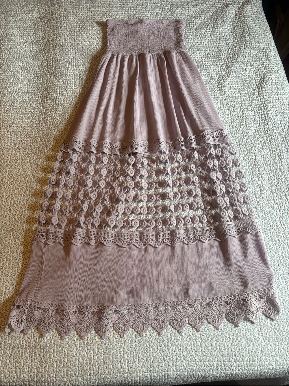 Justify Strapless Maxi Dress with Smocked Bodice with detailed crochet panels